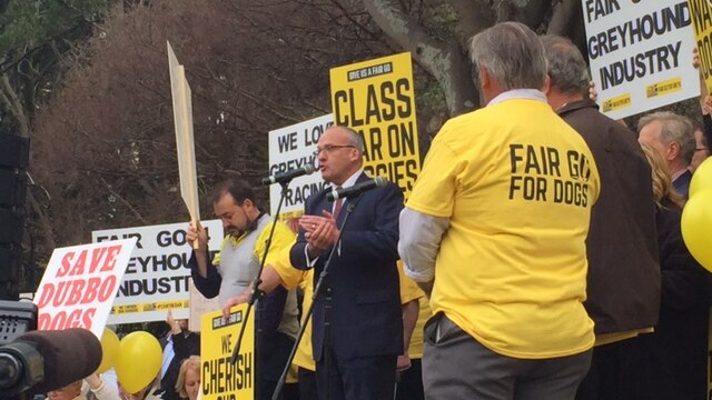 NSW Opposition Leader Luke Foley address protesters angry at the state's ban on greyhound racing.