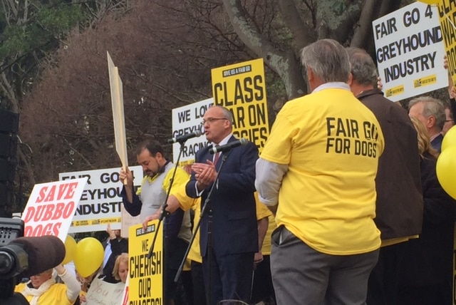 NSW Opposition Leader Luke Foley address protesters angry at the state's ban on greyhound racing.