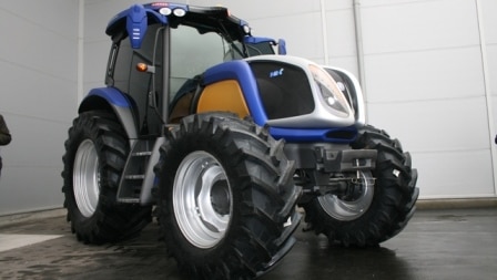 A blue New Holland tractor which can run on hydrogen.