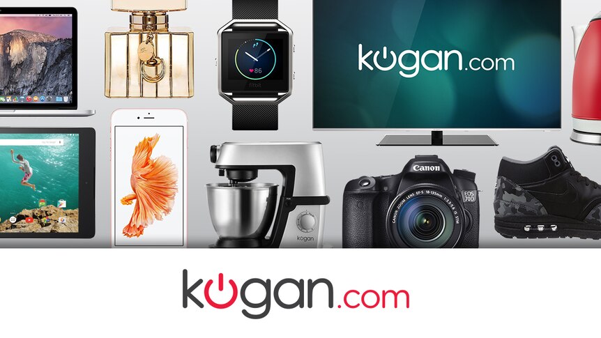 Screenshot of Kogan website showing various items for sale, including a mobile phone, TV, camera, perfume and watch.