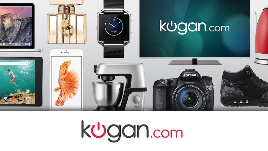 Screenshot of Kogan website showing various items for sale, including a mobile phone, TV, camera, perfume and watch.