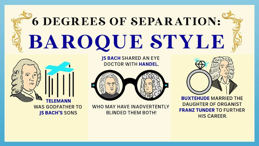 An illustrated picture saying "6 Degrees of Separation: Baroque Style"