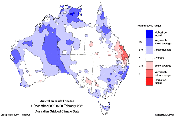 A map of Australia showing above-average rain across much of the country.