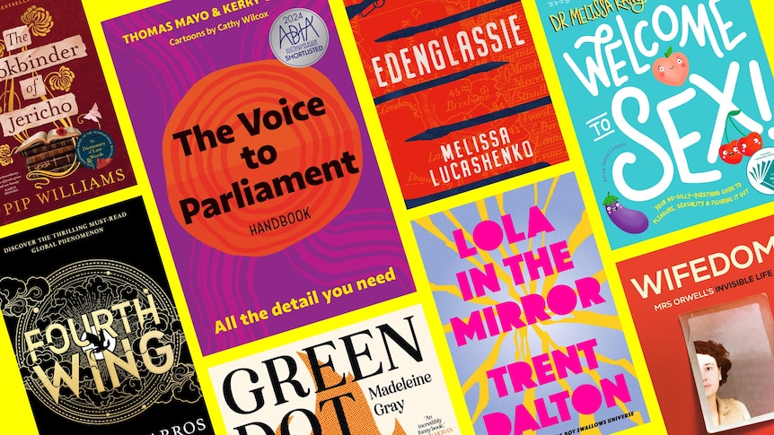 A composite image showing a variety of book covers set on an angle against a bright yellow background