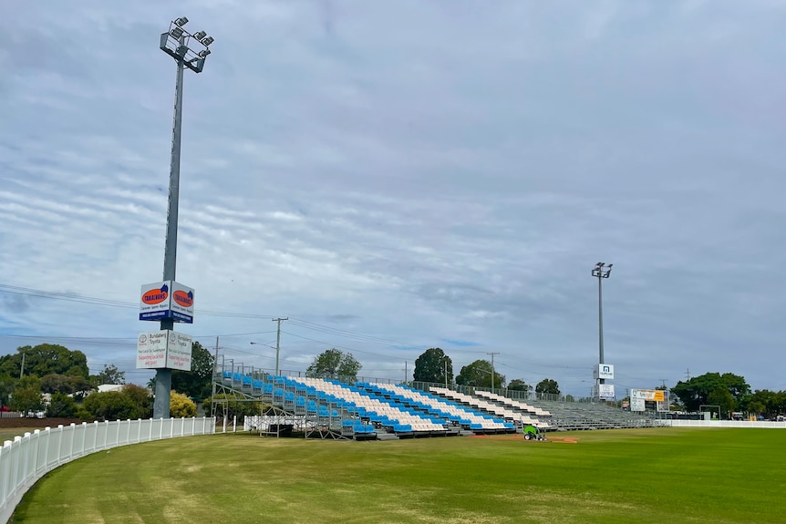 Long shot of a temporary grandstand at Salter Oval