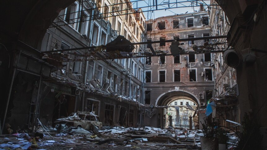 Old architecture which has been damaged by bombs in Ukraine. 