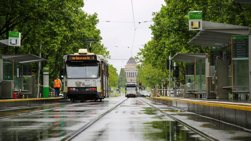 A tram in wet weather