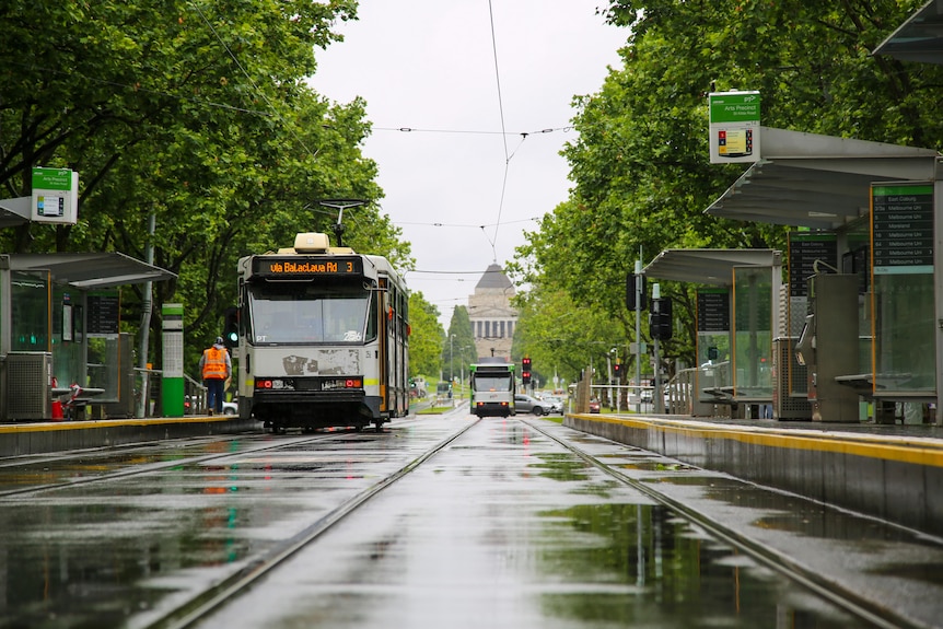 A tram in wet weather