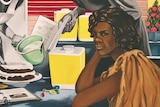A painting with an Aboriginal woman in kangaroo skin cloak in the foreground, women in grey tones bake a cake in the background