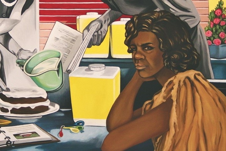 A painting with an Aboriginal woman in kangaroo skin cloak in the foreground, women in grey tones bake a cake in the background