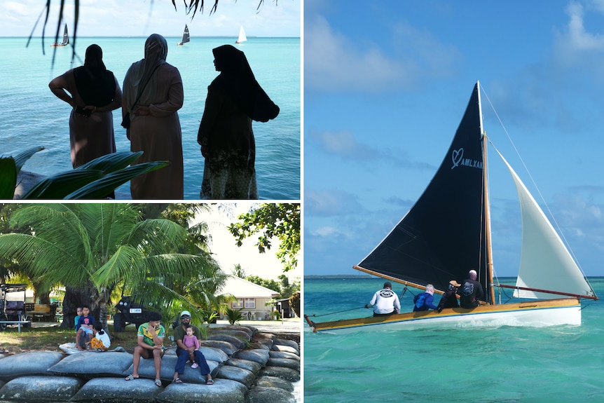 Three image compile: women in hijab watching boats sailing, a family sitting on a sandbag seawall, and a wooden boat sailing.