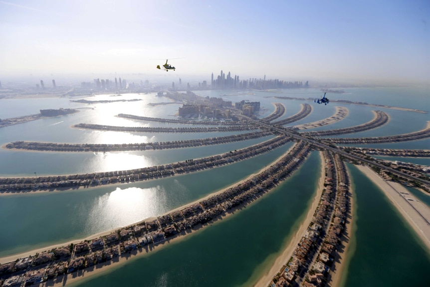 Photo shows aerial shot of Dubai Palm Jumeirah 