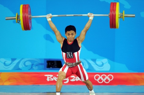 Indonesian Olympic weightlifter Eko Yuli Irawan lifting weights in competition at the 2008 Olympics