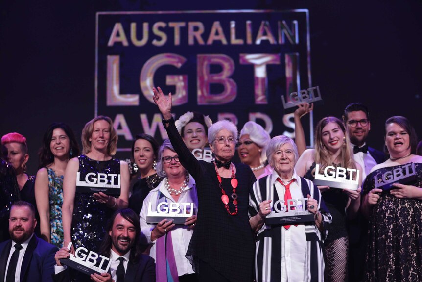 A group photo of the winners at the 2019 Australian LGBTI Awards, including Phyllis Papps and Francesca Curtis.