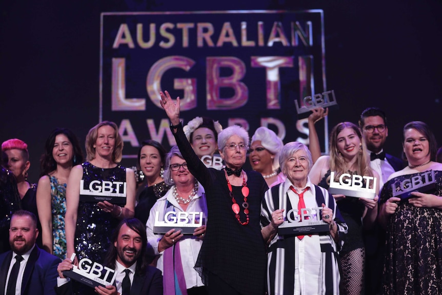 A group photo of the winners at the 2019 Australian LGBTI Awards, including Phyllis Papps and Francesca Curtis.