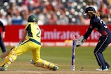 Australia's Alex Blackwell is bowled by England's Katherine Brunt at the 2017 Women's World Cup.