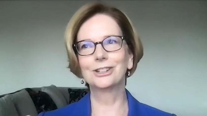 A close up screen grab from a Zoom link of Julia Gillard. 