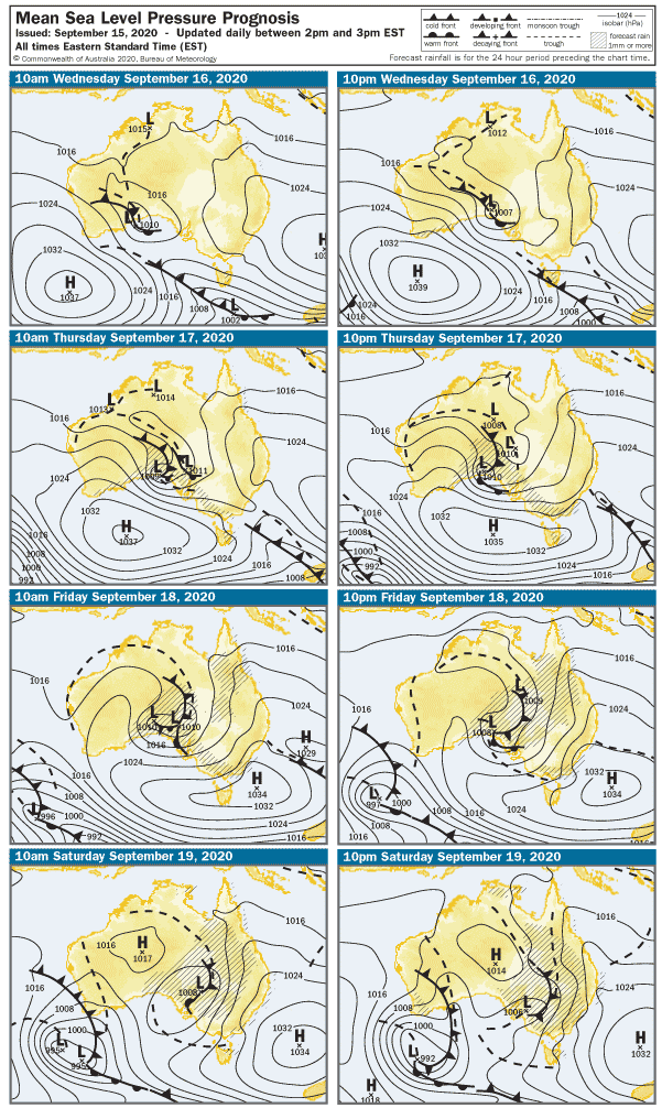 Synoptic charts for the next four days showing the progression of the system across the country.