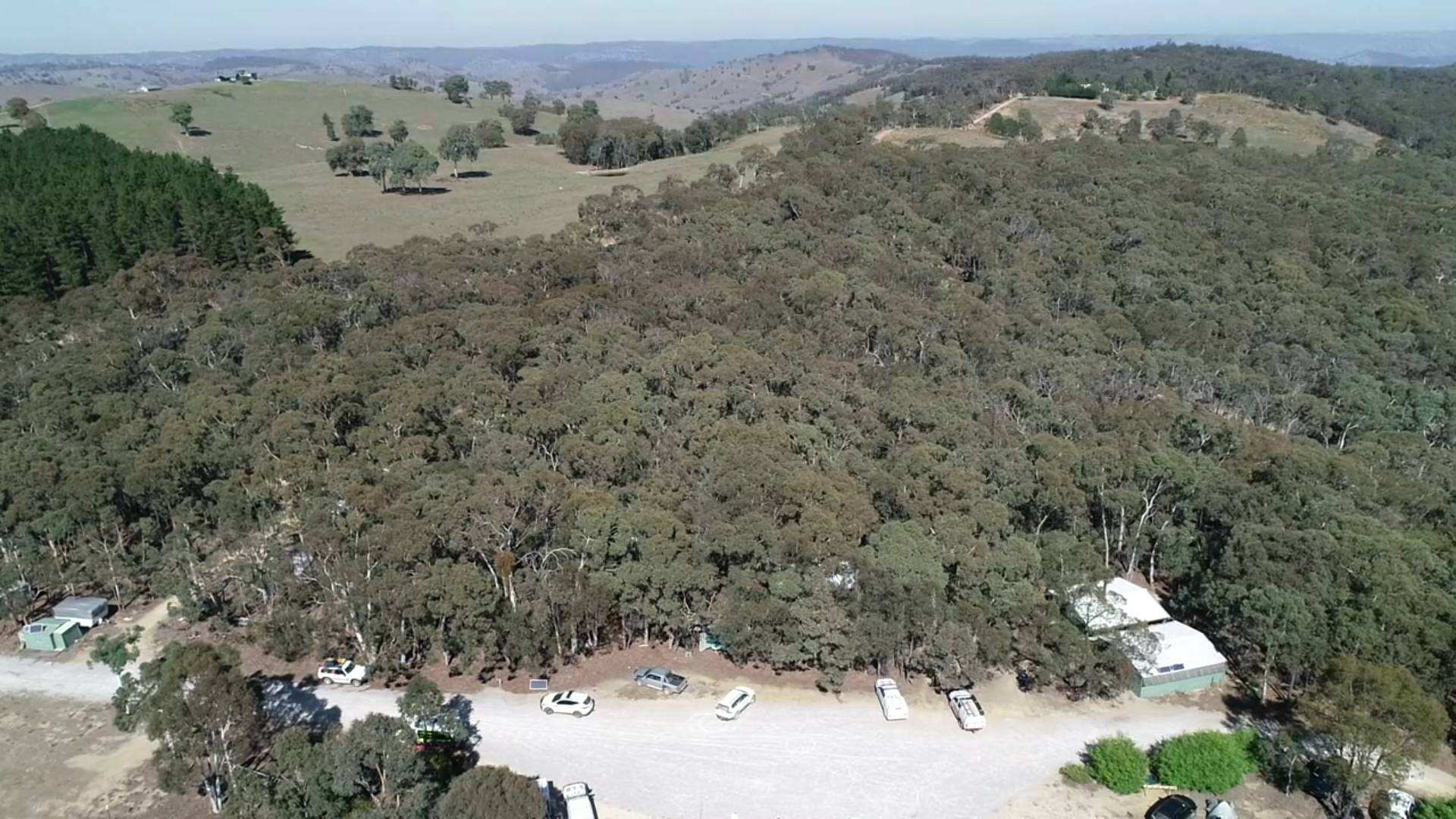 An aerial view of the private property in Razorback where missing toddler James Skillen was camping with family.