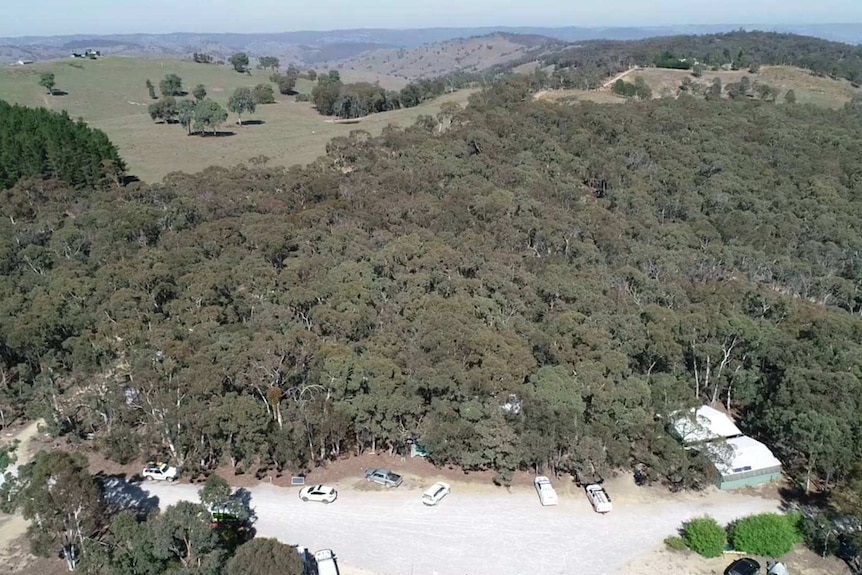 An aerial view of the private property in Razorback where missing toddler James Skillen was camping with family.