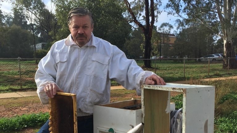 An unhappy looking man holding his beekeeping equipment, without any bees