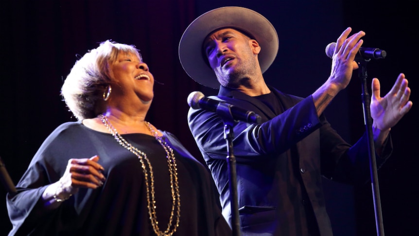 Mavis Staples and Ben Harper on stage together at Byron Bay Bluesfest in 2019