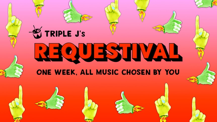 Multiple pointing fingers around triple j's REQUESTIVAL graphic