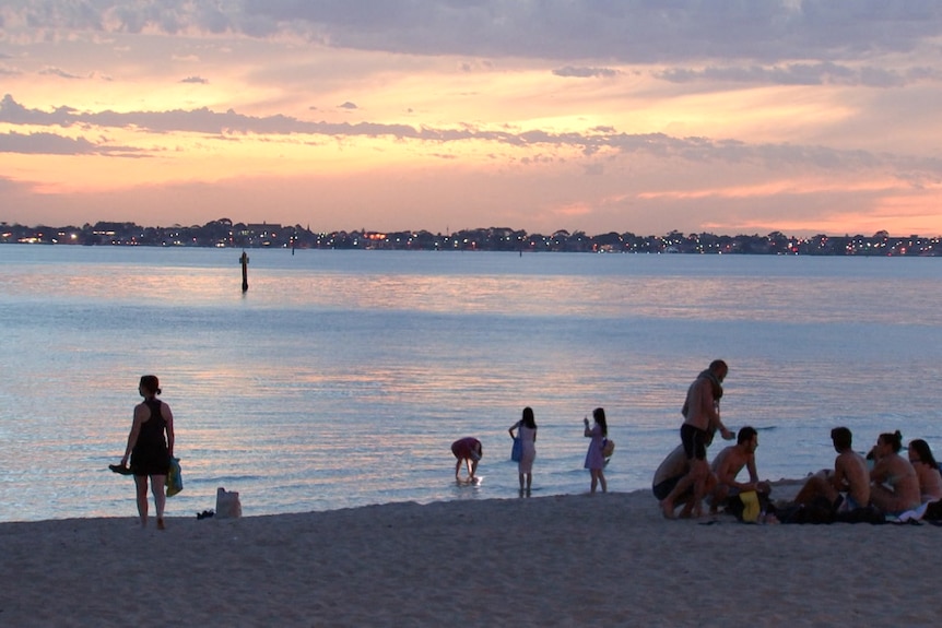 People at a beach in the evening.