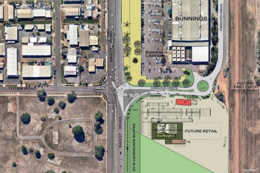 An architectural drawing over the top of an aerial photograph of the site where a Dan Murphy's in proposed.