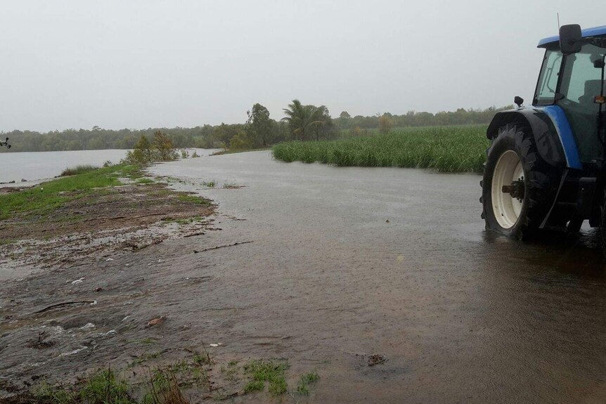 A tractor on a flooded farm.