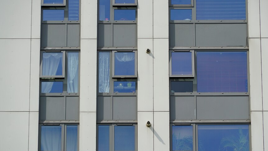 Chalcots Estate, a London housing estate tower block with cladding close up.