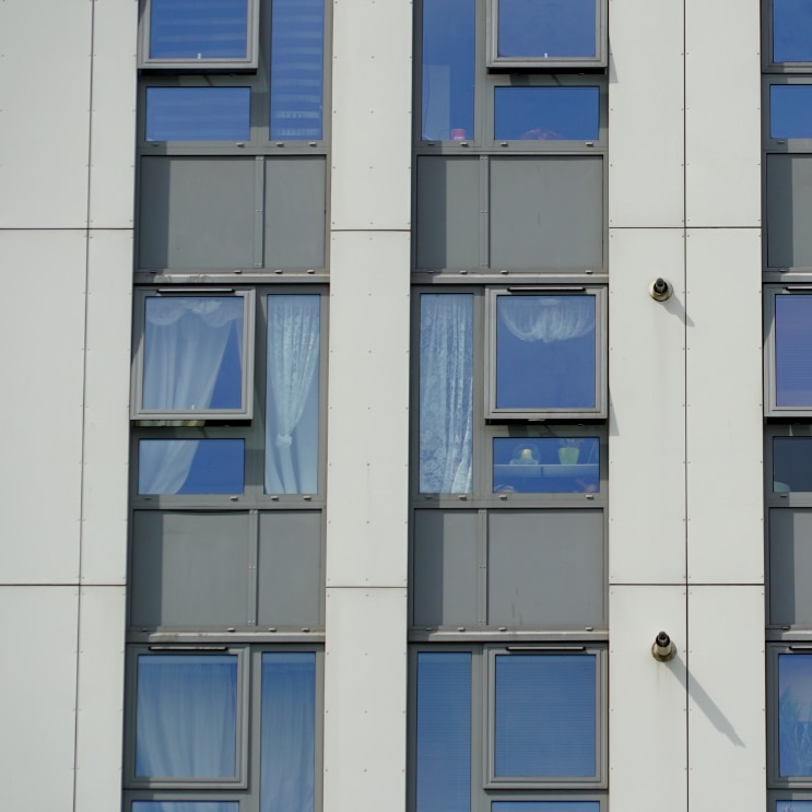 Chalcots Estate, a London housing estate tower block with cladding close up.