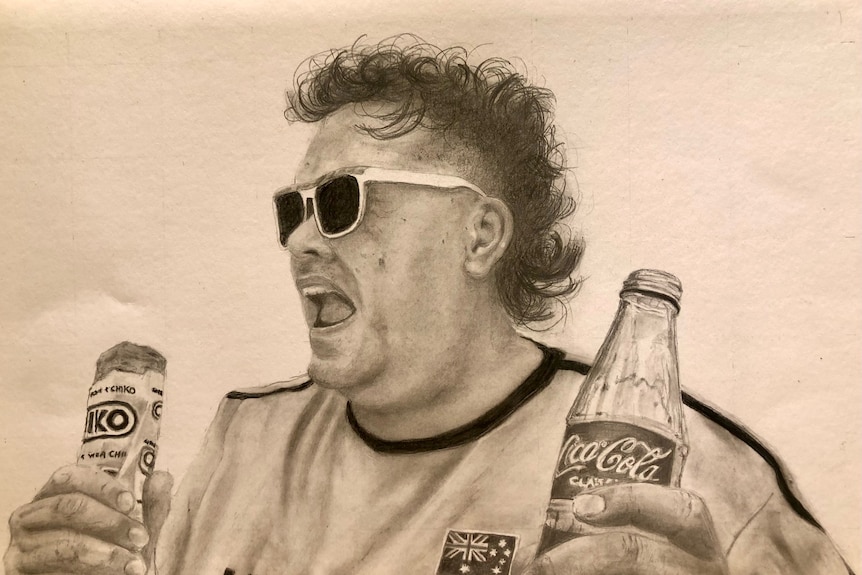 Drawing of man holding chiko roll and a coke