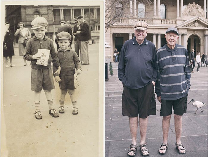 Frank and Pat Doughty are pictured as children at Sydney's Circular Quay during World War II and then as older men.