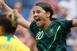 Sam Kerr celebrates Matildas' goal agaisnt Brazil