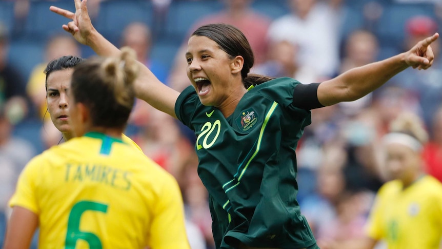 Sam Kerr celebrates Matildas' goal agaisnt Brazil