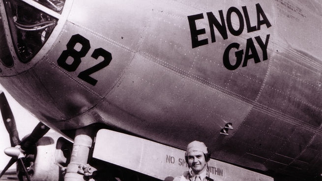 Colonel Paul Tibbets in front of the 'Enola Gay'