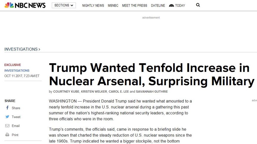 A screenshot of the NBC story with the headline: "Trump Wanted Tenfold Increase in Nuclear Arsenal, Surprising Military".