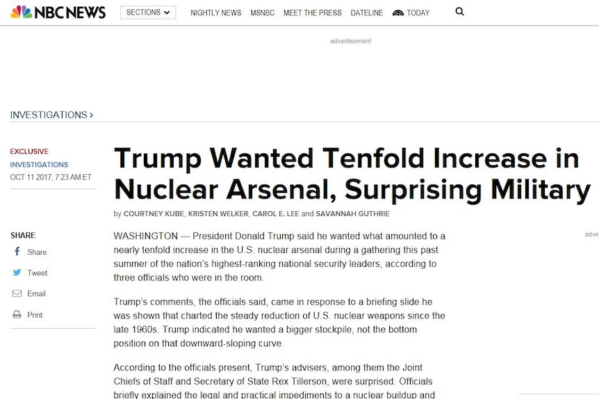 A screenshot of the NBC story with the headline: "Trump Wanted Tenfold Increase in Nuclear Arsenal, Surprising Military".