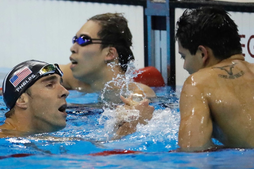 Michael Phelps congratulates Singapore's Joseph Schooling after 100m butterfly in Rio