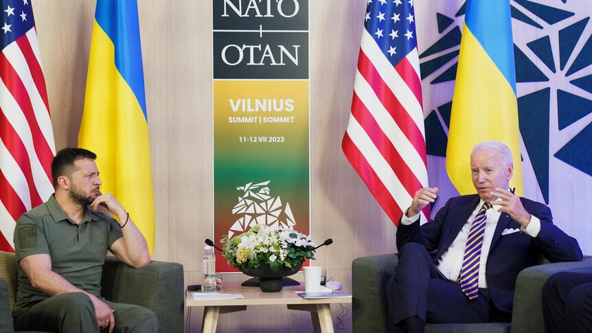 US President Joe Biden and Ukraine's President Volodymyr Zelenskiy meet during NATO summit.