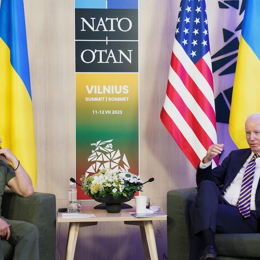 US President Joe Biden and Ukraine's President Volodymyr Zelenskiy meet during NATO summit.