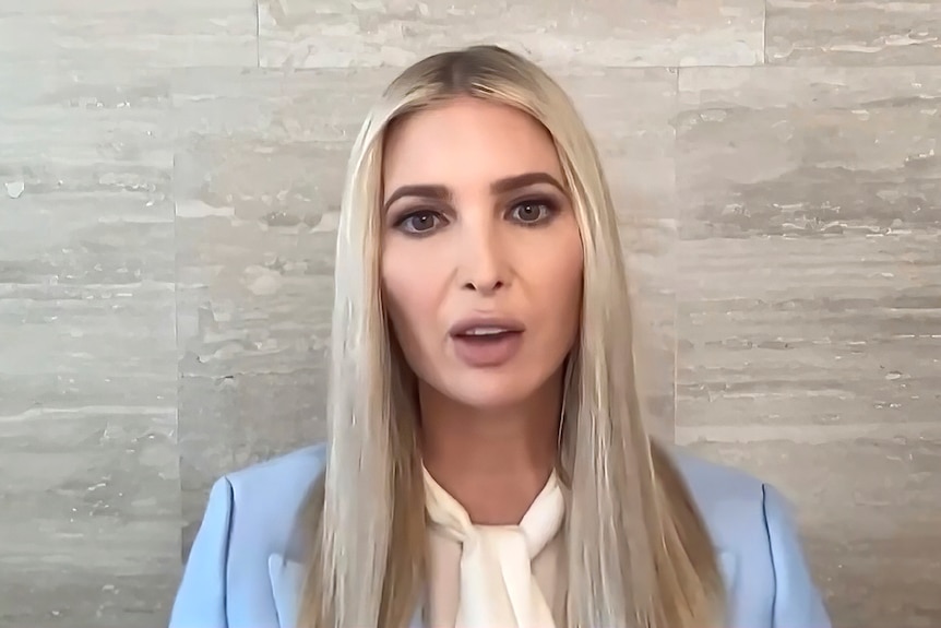 Ivanka Trump looking down the camera as she speaks during a video interview