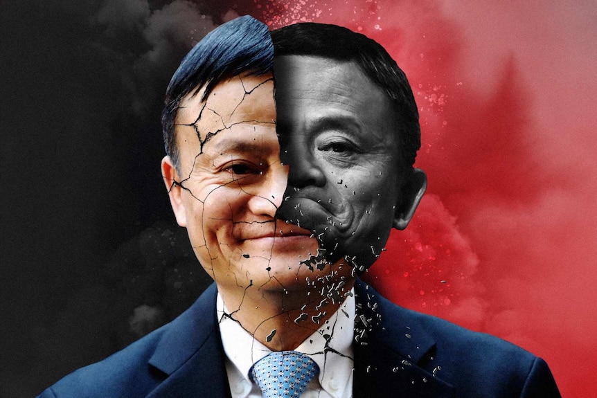 Two sides of Jack Ma's face in a graphic