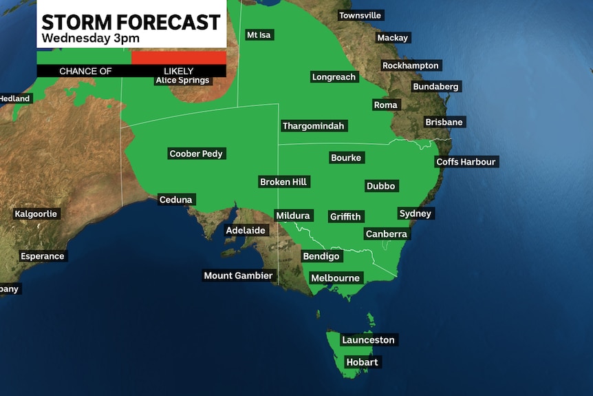A map of Australia with green areas showing where a storm will hit