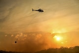Helicopter water bombing a bushfire threatening homes in suburbs in Sydney's south-west on Sunday April 15, 2018.