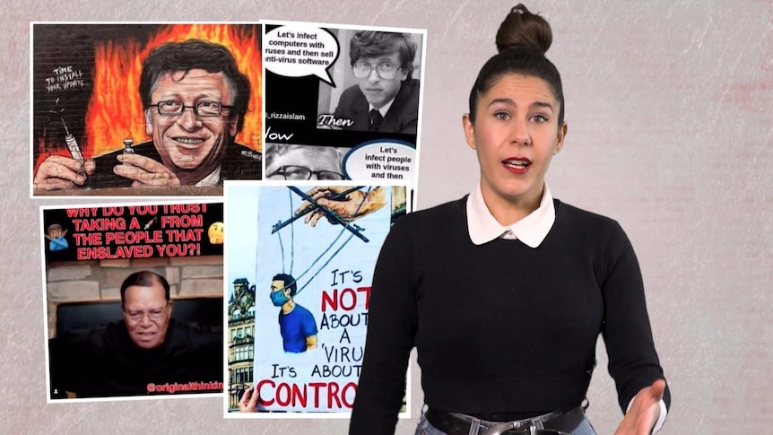 Australian journalist and comedian Jan Fran stands beside a series of images showing online anti vaccination conspiracy memes.