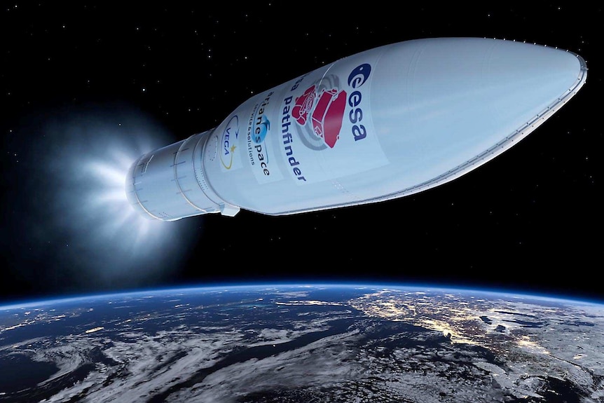 An artist's impression of European test satellite LISA Pathfinder being launched into orbit above Earth.
