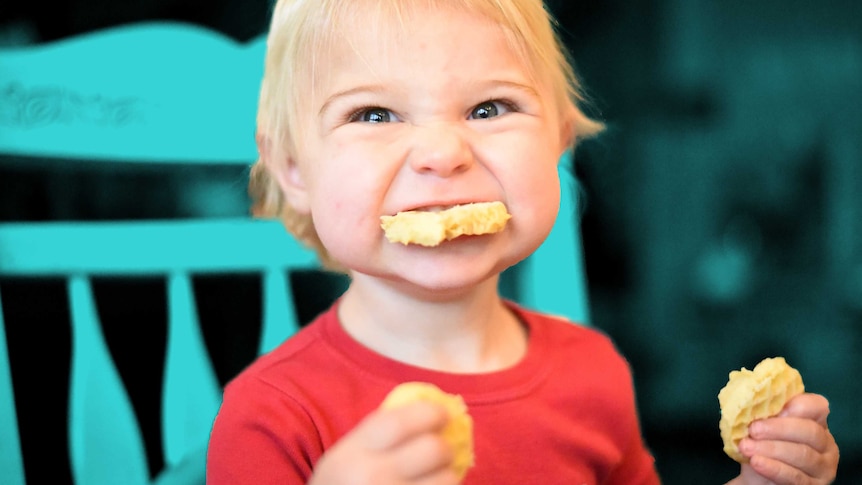 Toddler boy holding and eating a crumpet representing the stress family dinners can cause.