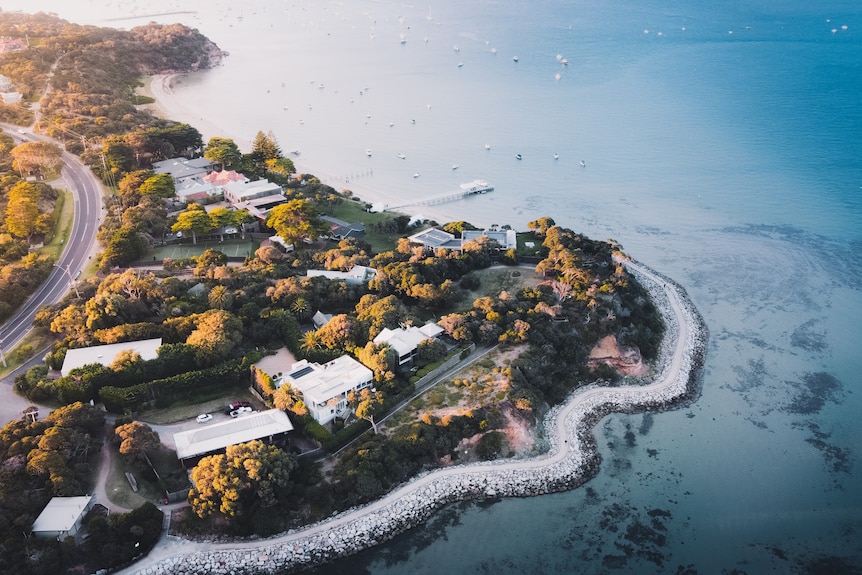 Aerial view of beach coastline Blairgowrie in Victoria